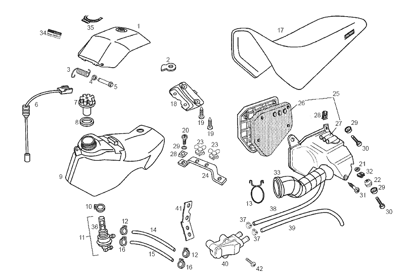 Derbi Senda SM 50 2T DRD Edition E2 2005 - Benzinetank, Luchtfilter & Zadel