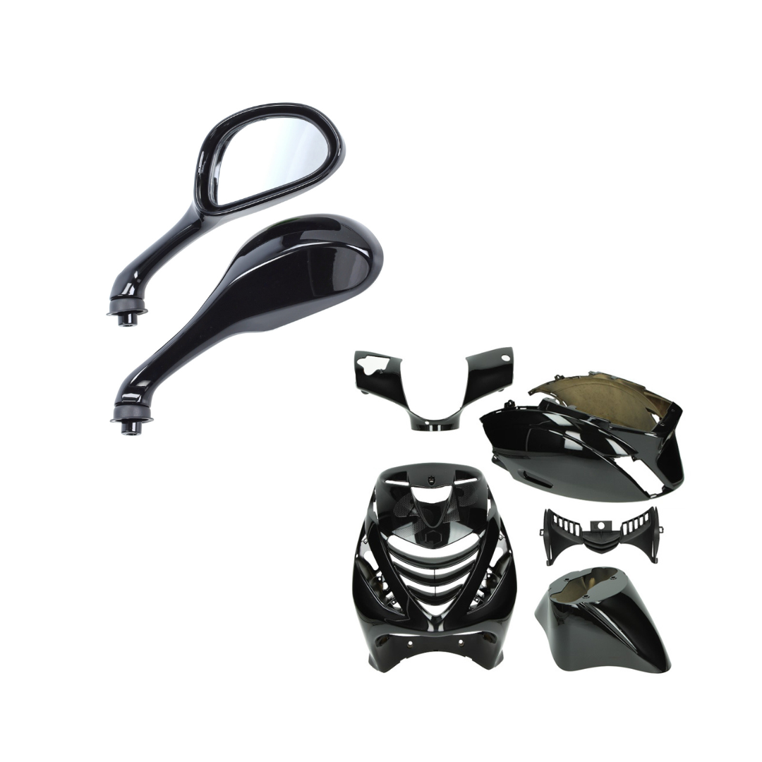 SP Kappenset + Runner Spiegels Glans Zwart Piaggio Zip Bundel