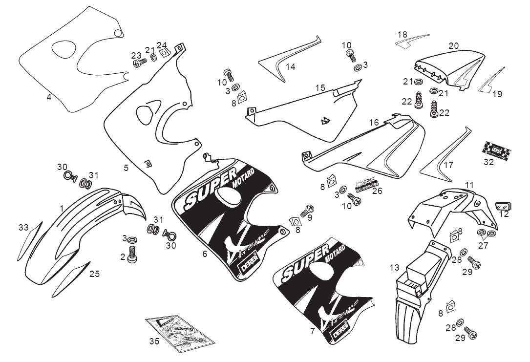 Derbi Senda SM 50 2T 2ª ED X-Treme E1 2003 - Spatbord, Zijscherm & Achter Beplating