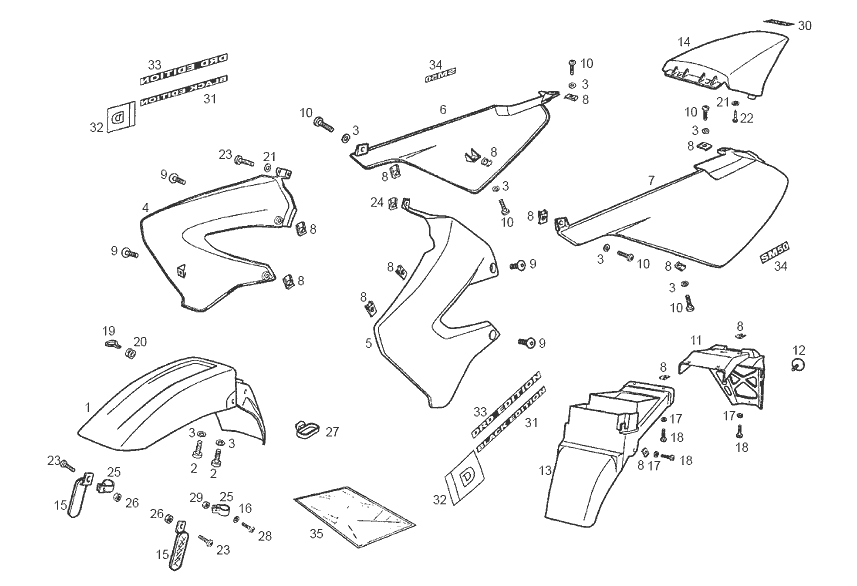 Derbi Senda SM 50 2T DRD Edition E2 2005 - Spatbord, Zijscherm & Achterbeplating